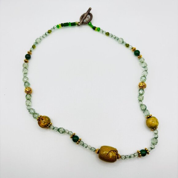 Earthy Green Gold Handmade Beaded Necklace 16" Toggle Clasp Artisan Statement - Picture 1 of 4